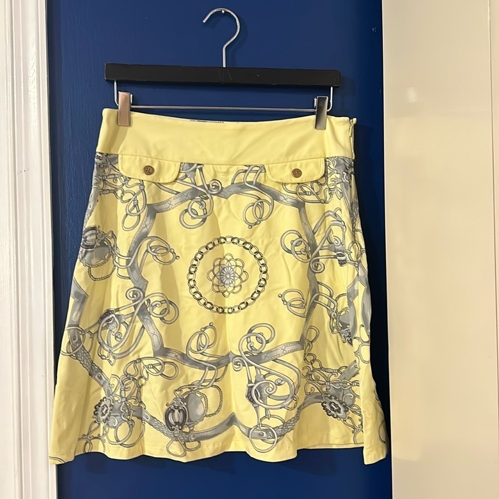 Women’s J. McLaughlin Yellow & Gray Chain Print Side Zipper Skirt Size 6